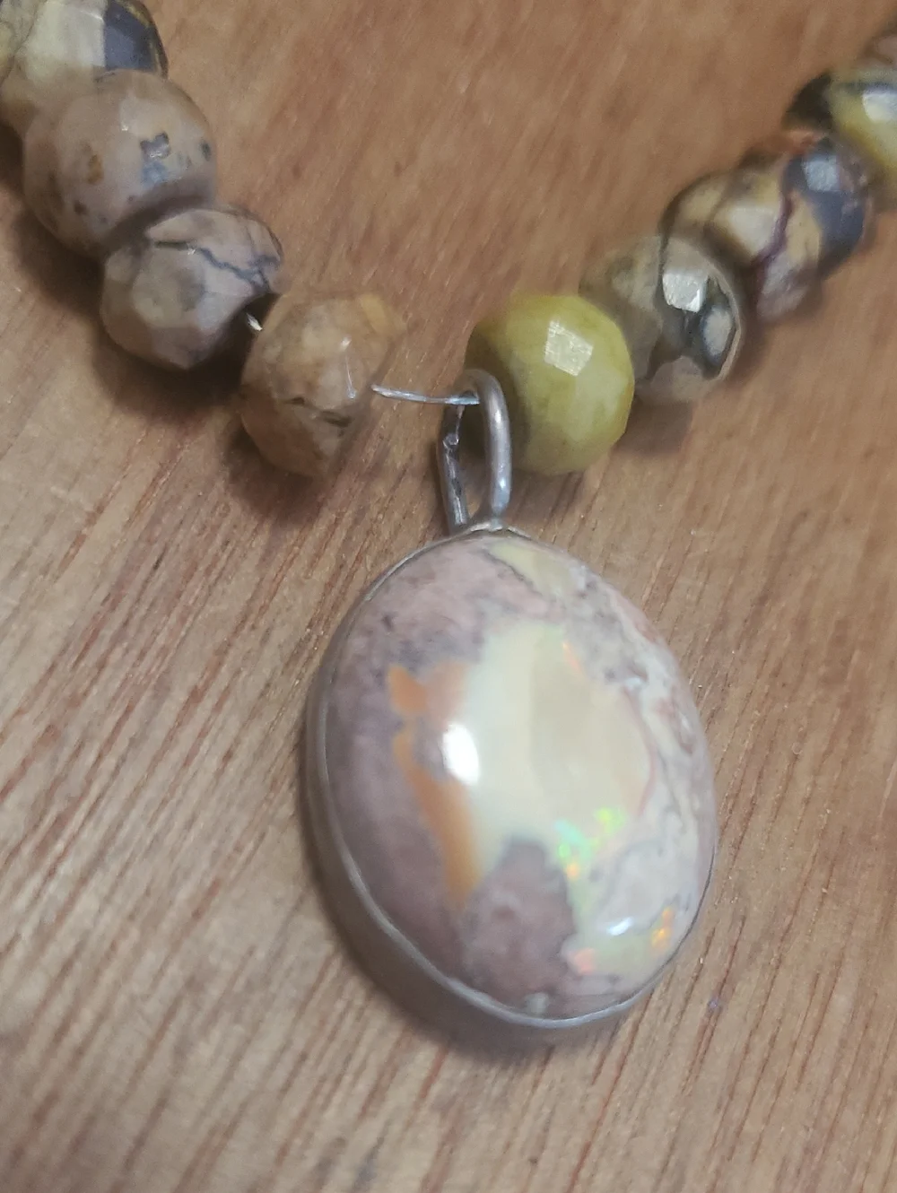 Beaded Opal Pendant Necklace in Neutral Tones - D